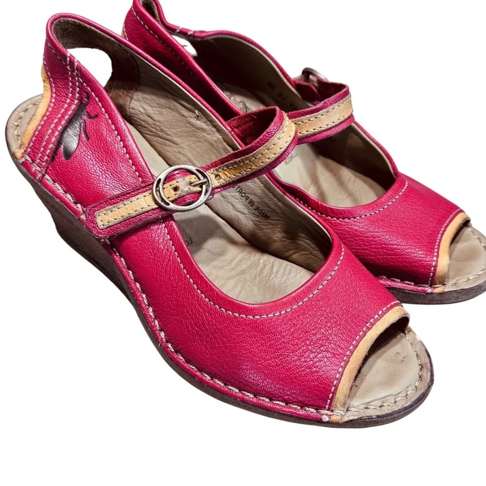Fly London Wedge Sandals Leather Red Size 38 Mary Jane Peep Toe Boho Quirky